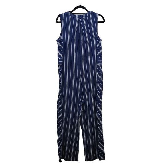 Laundry by Shelli Segal Striped Linen Viscose Sleeveless Jumpsuit Navy Size 8 - Picture 3 of 10